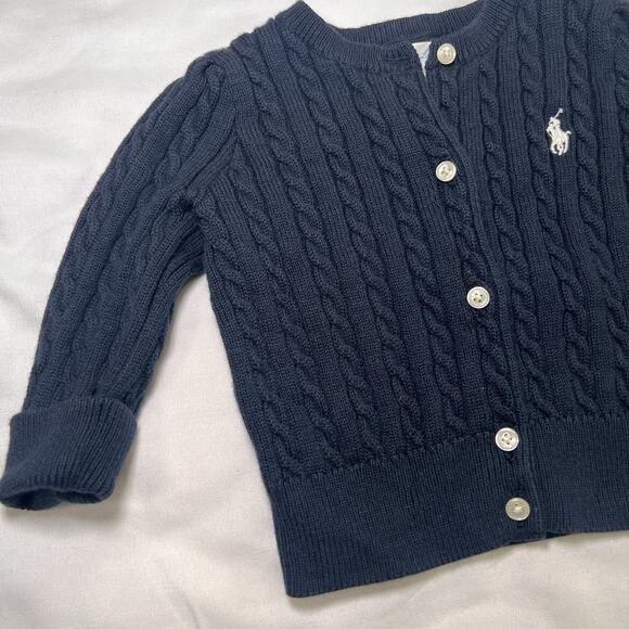Ralph Lauren Cardigan Baby Size 6M Navy Blue Cable Knit Preppy Classic Polo Logo - Picture 2 of 12